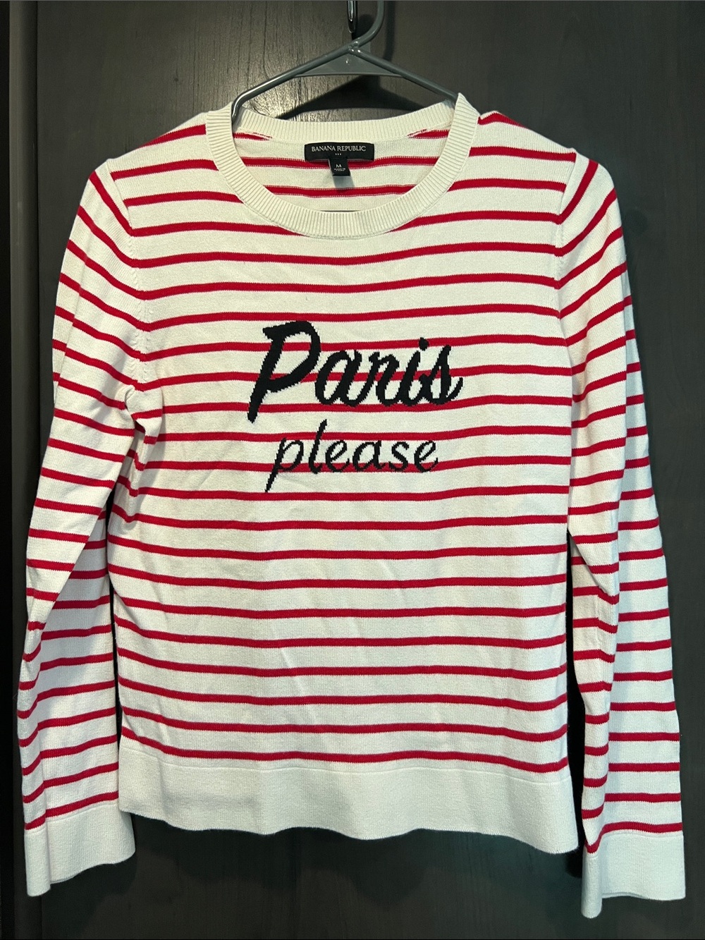 Banana Republic Red & White Striped Knit Sweater with Black Script